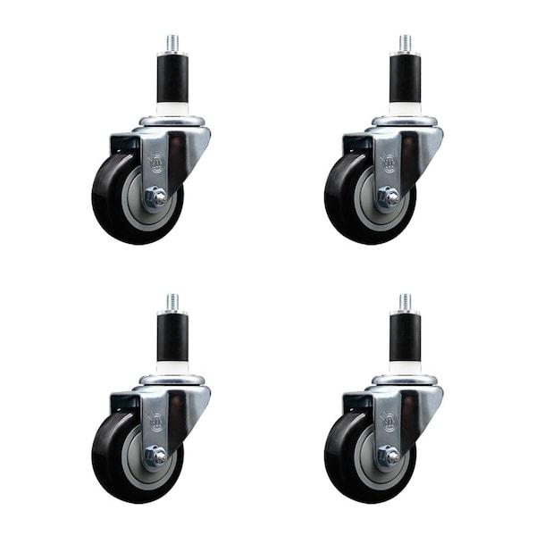 3'' SS Black Poly Wheel Swivel 1-3/8'' Expanding Stem Caster Set, 4PK
